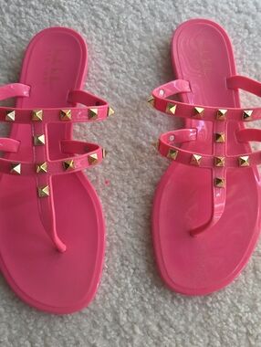 Pink Studded Jelly Thong Sandals - Women